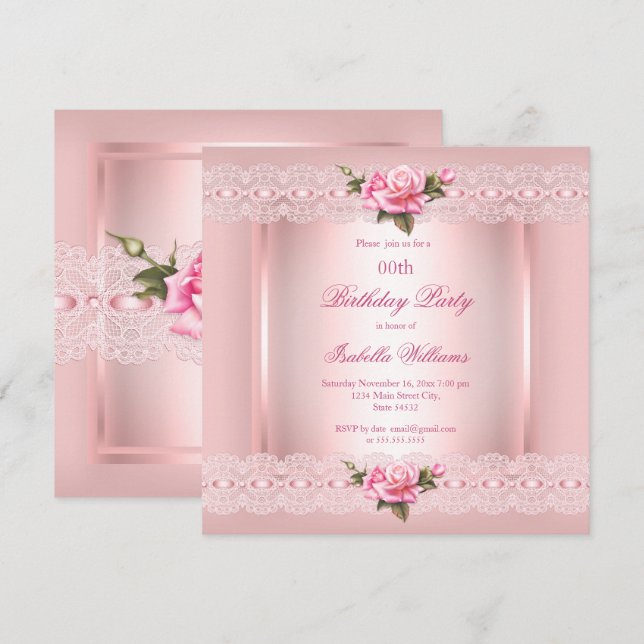 Invitation Joli floral Blush rose Roses dentelle Anniversaire (Devant / Derrière)