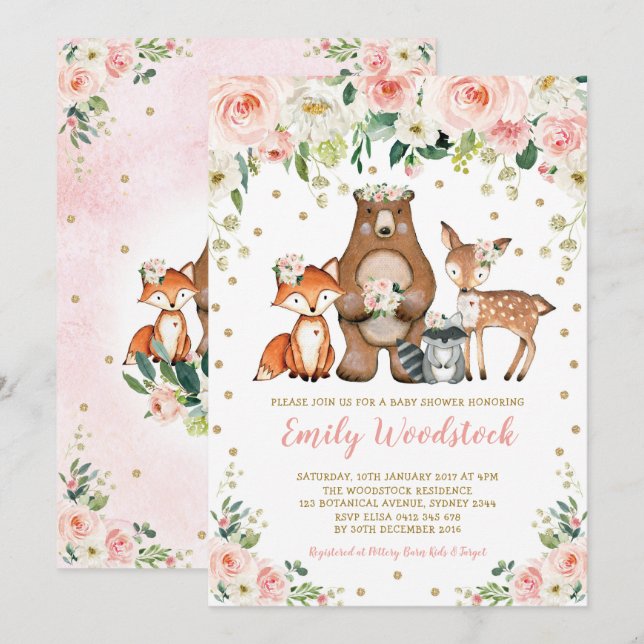 Invitation Joli Floral Bois Animaux Baby Girl Douche (Devant / Derrière)
