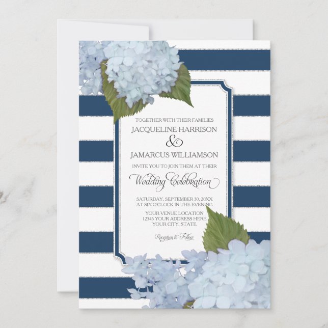 Invitation Joli floral moderne Elégant Marine White Stripe (Devant)