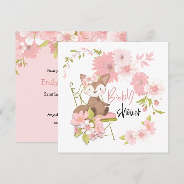 Invitation Joli Fox Rose Fleurs Blanches Fille Baby shower (Devant / Derrière)