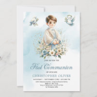 Joli garçon bleu fleurs blanches colombes Première