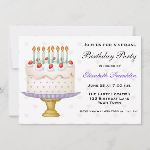 Invitation Joli gâteau d'anniversaire avec les coeurs et les 
