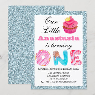 Invitation Joli gâteau léger bleu paillettes 1er anniversaire