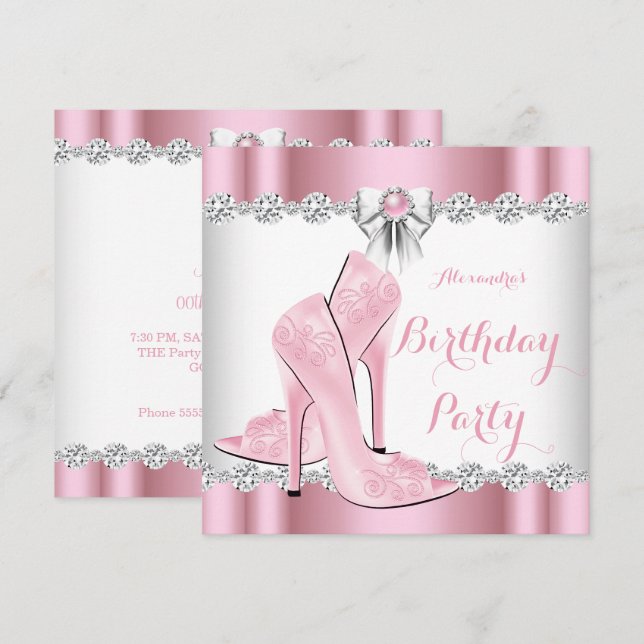Invitation Joli Glamor rose hauts talons fête d'anniversaire (Devant / Derrière)