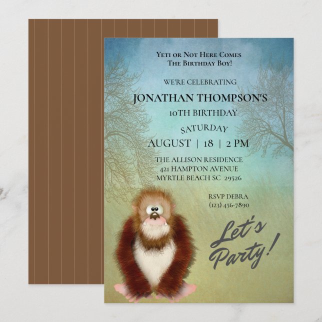 Invitation Joli Gros Pied / Sasquatch Anniversaire Fête Invit (Devant / Derrière)