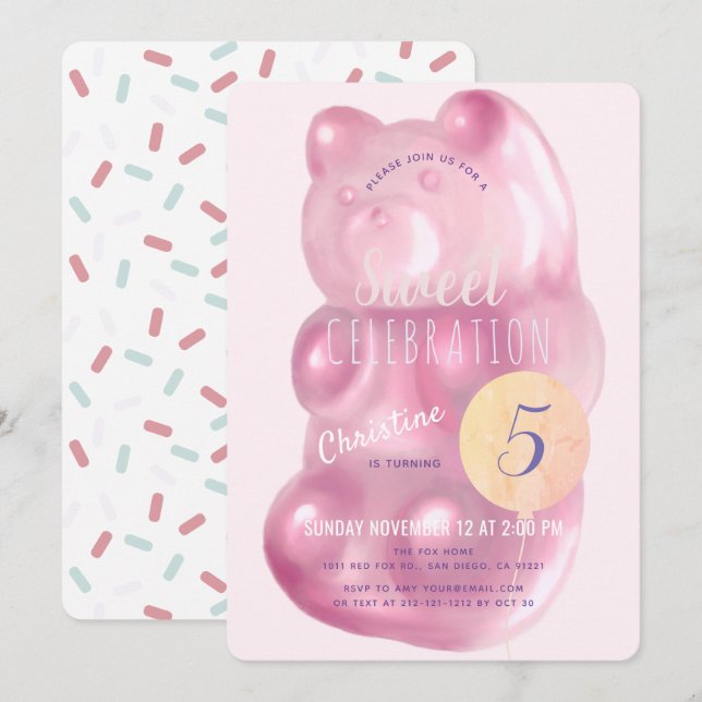 Invitation Joli Gummy Rose Ours Doux Fille Bonbon Anniversair (Devant / Derrière)