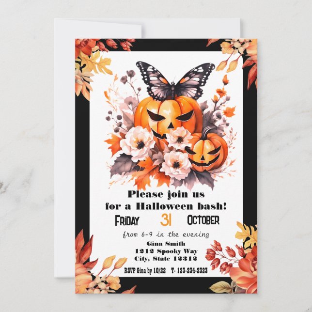 Invitation Joli Halloween Floral Citrouille Bash Party (Devant)