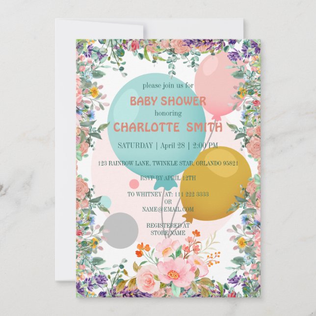 Invitation Joli joli Ballons d'aquarelle baby shower de la fl (Devant)