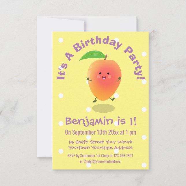 Invitation Joli joyeux mangue jaune dessin animé anniversaire (Devant)