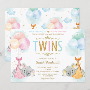 Invitation Joli Jumeaux Garçon Fille Eléphant Baby shower Spr