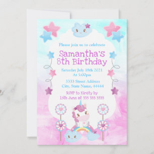 Invitation Joli Kawaii Licorne de rêve Arc-en-ciel Nuage
