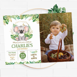 Invitation Joli Koala Fleur de Sauge Verdure 2e Anniversaire 
