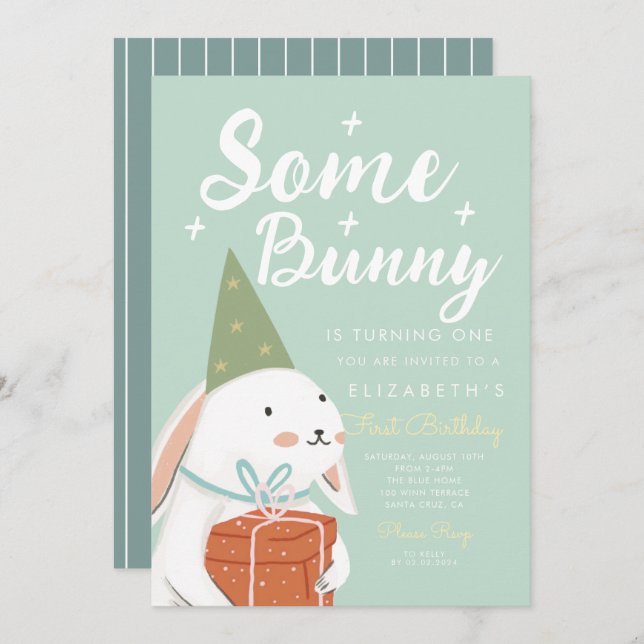 Invitation Joli lapin blanc Un lapin devient un Anniversaire (Devant / Derrière)