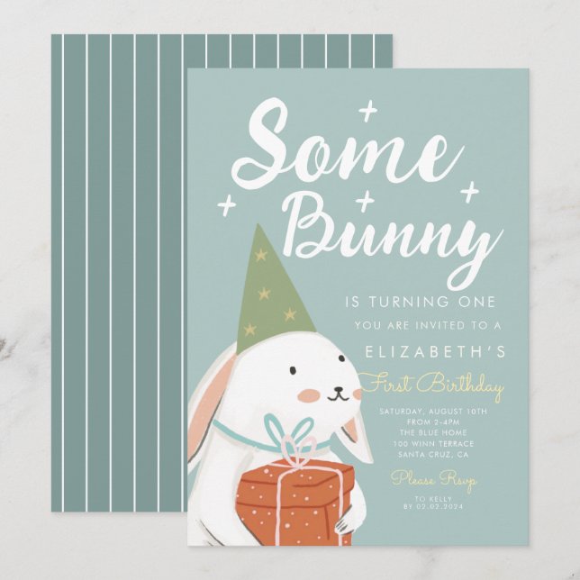 Invitation Joli lapin blanc Un lapin devient un Anniversaire (Devant / Derrière)