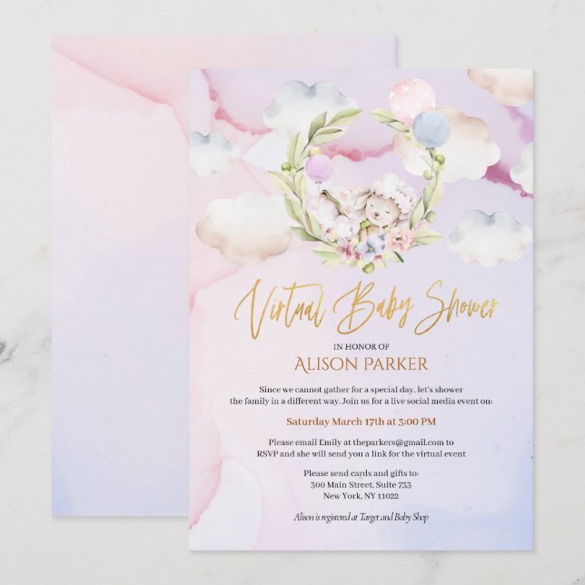 Invitation Joli Lapin de Bois Floral Rose Douche virtuelle (Devant / Derrière)