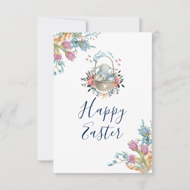 Invitation Joli lapin en Panier & Tulip Florals Bonne Pâques (Devant)
