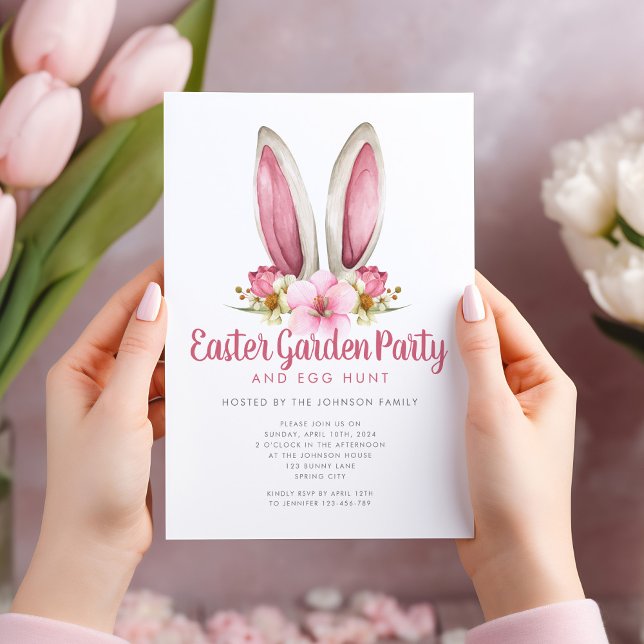 Invitation Joli Lapin Floral Oreilles Jardin de Pâques (Cute Floral Bunny Ears Easter Garden Party Invitation)