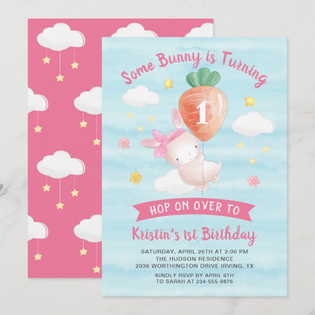 Invitation Joli lapin rose avec carotte Anniversaire (Devant / Derrière)