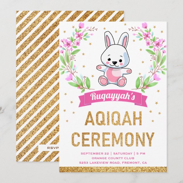 Invitation Joli lapin rose Floral Doux Lapin Aqiqah (Devant / Derrière)