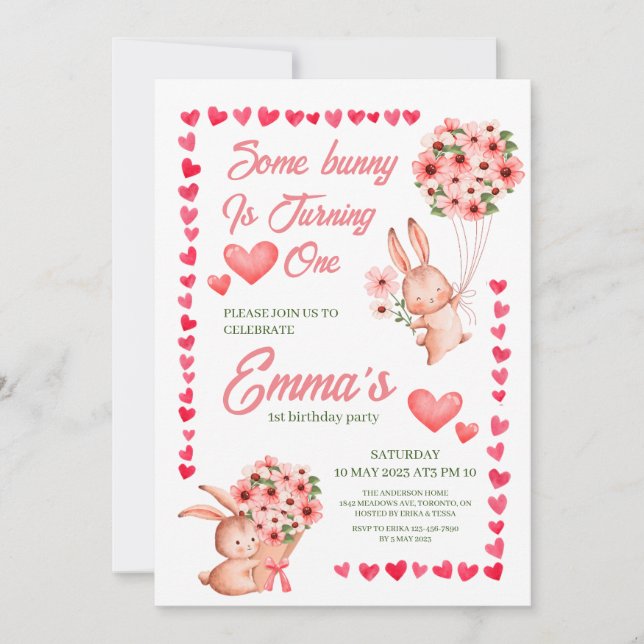 Invitation Joli lapin rose Gilr 1er anniversaire (Devant)