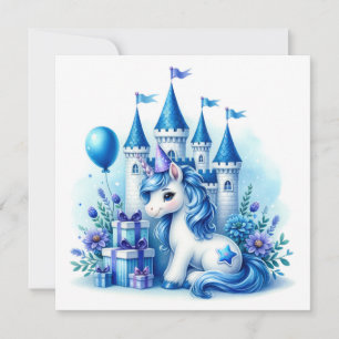 Invitation Joli licorne bleue et château de conte de fées 