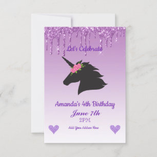 Invitation Joli licorne floral pailleté violet qui dégouline