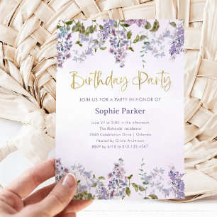Invitation Joli Lilac pourpre Gold Script fête d'anniversai
