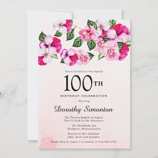 Invitation Joli Magenta rose blanc floral 100e anniversaire (Devant)