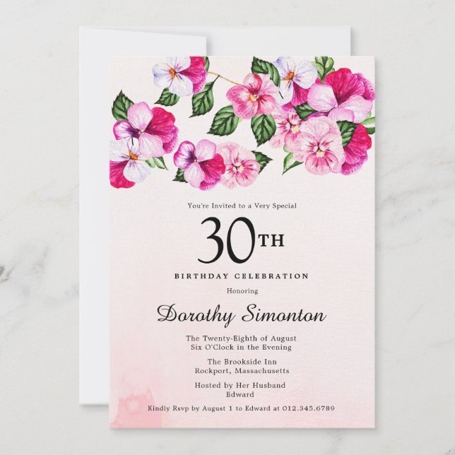 Invitation Joli Magenta rose blanc floral 30e anniversaire (Devant)