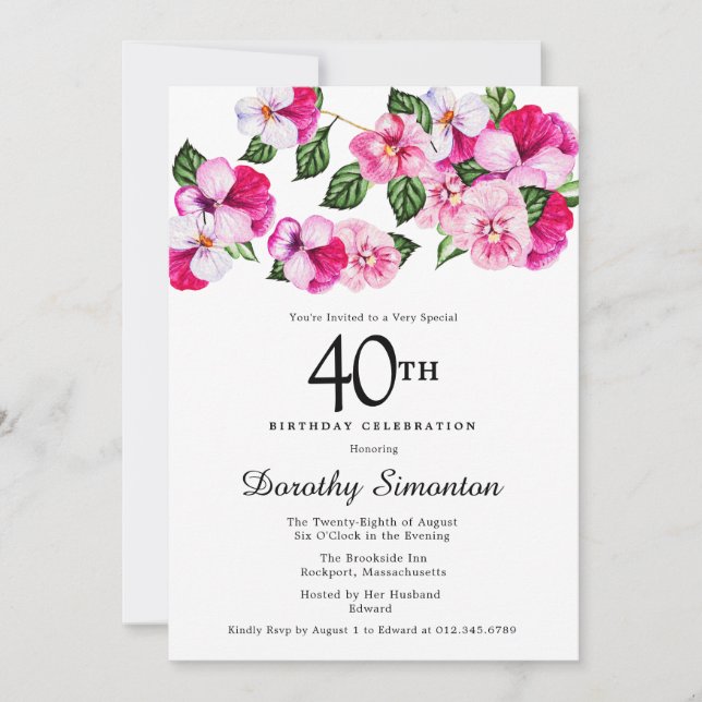 Invitation Joli Magenta rose blanc floral 40e anniversaire (Devant)