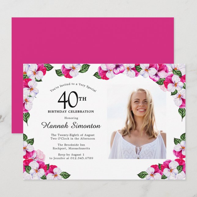 Invitation Joli Magenta rose blanc Photo 40e anniversaire (Devant / Derrière)