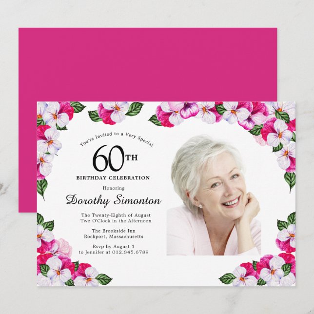 Invitation Joli Magenta rose blanc Photo 60e anniversaire (Devant / Derrière)