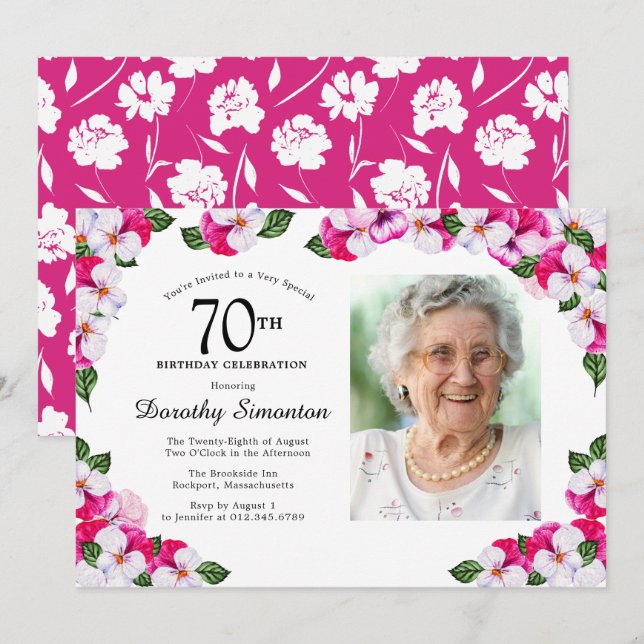 Invitation Joli Magenta rose blanc Photo 70e anniversaire (Devant / Derrière)