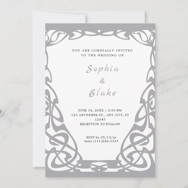 Invitation Joli Mariage d'argent et d'art déco blanc (Devant)