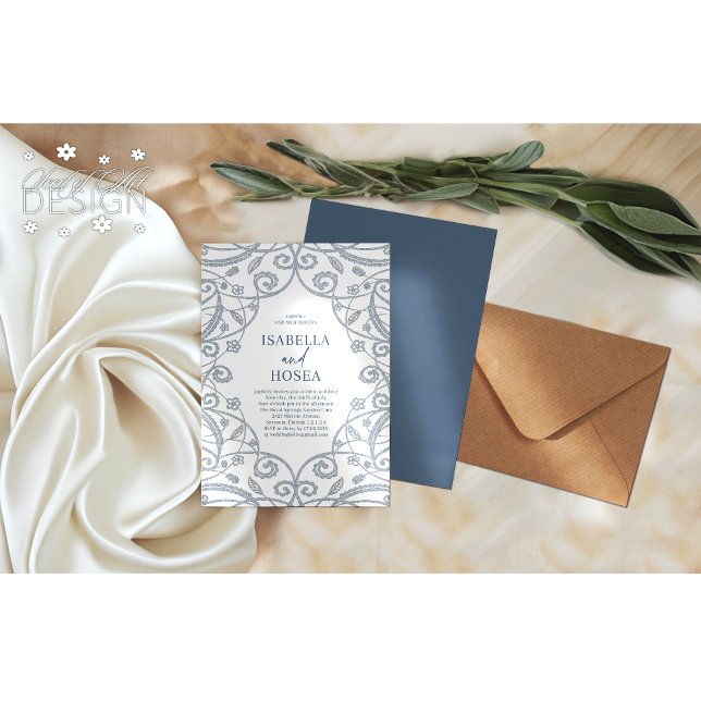 Invitation Joli Mariage de dentelle fleurie bleu foncé (Créateur téléchargé)