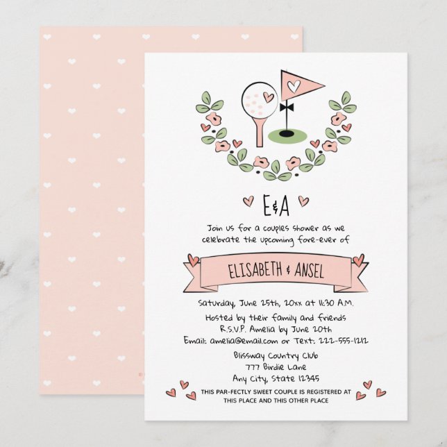 Invitation Joli Mariage de golf rose Couples de douche Invita (Devant / Derrière)