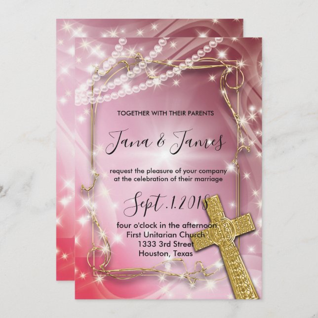 Invitation Joli mariage de la croix de perle rose (Devant / Derrière)