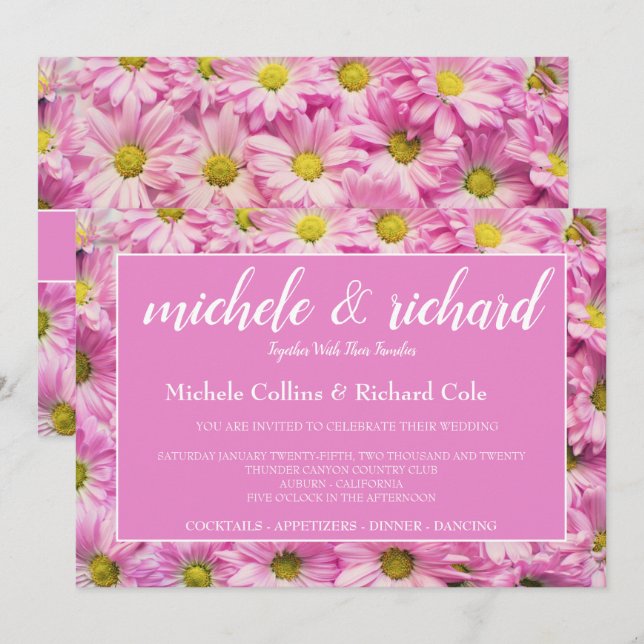 Invitation Joli Mariage En Fleurs Roses (Devant / Derrière)