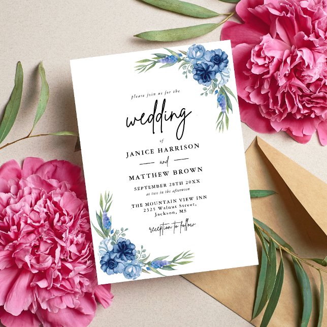 Invitation Joli Mariage Floral Bleu Dusty (Créateur téléchargé)