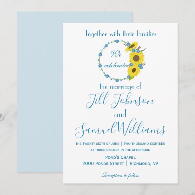 Invitation Joli mariage floral bleu et blanc (Devant / Derrière)