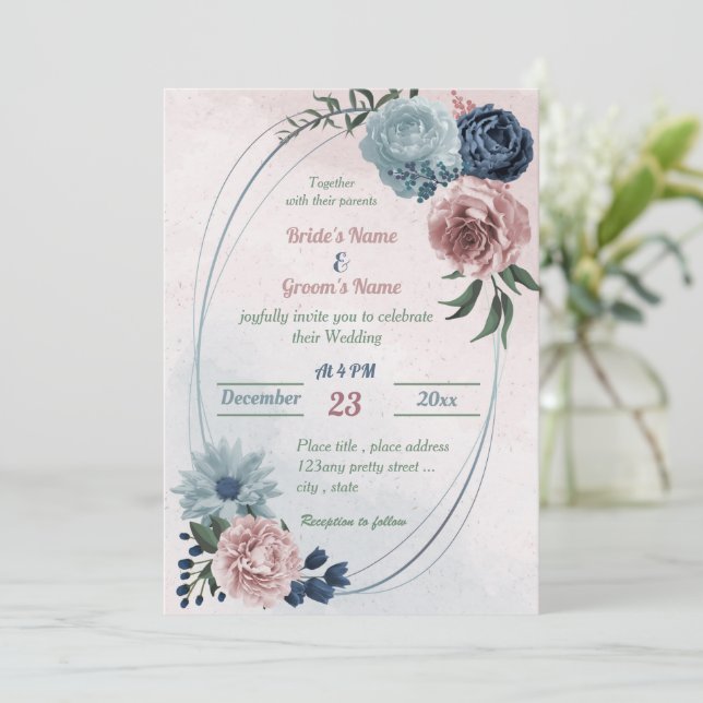 Invitation joli mariage géométrique bleu rose fleuri (Debout devant)