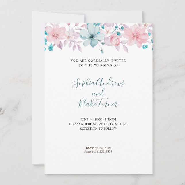 Invitation Joli Mariage rose et bleu Floral blanc (Devant)
