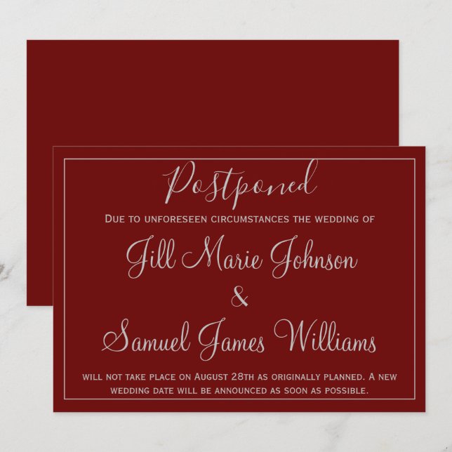 Invitation Joli Mariage rouge et gris reporté (Devant / Derrière)