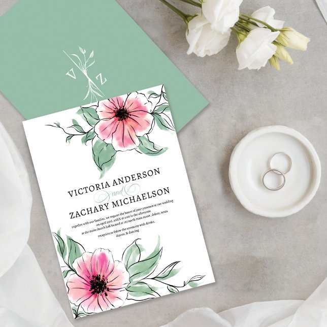 Invitation Joli Mariage végétal rose Sage vert (Créateur téléchargé)