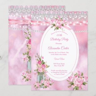 Invitation Joli Mason Jar Pearl String éclaire Floral rose