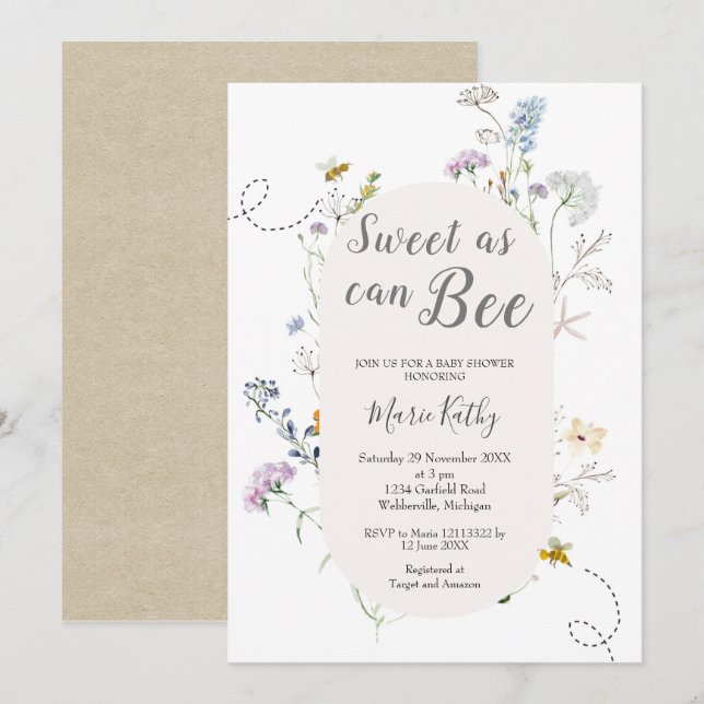 Invitation Joli Miel Sucré Comme Peut Être Baby shower Fleur  (Devant / Derrière)