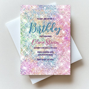 Invitation Joli monogramme iridescent licorne rose faux paill