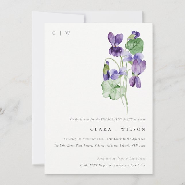 Invitation Joli Monogramme Violet Floral Bunal Fiançailles (Devant)