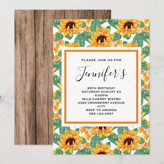 Invitation Joli motif de tournesol jaune et vert pour anniver (Devant / Derrière)
