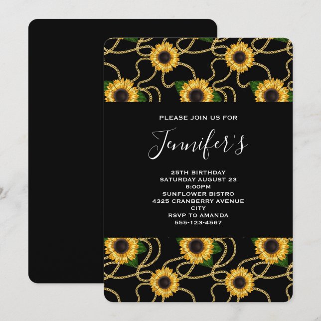 Invitation Joli Motif de tournesols jaunes sur l'anniversaire (Devant / Derrière)